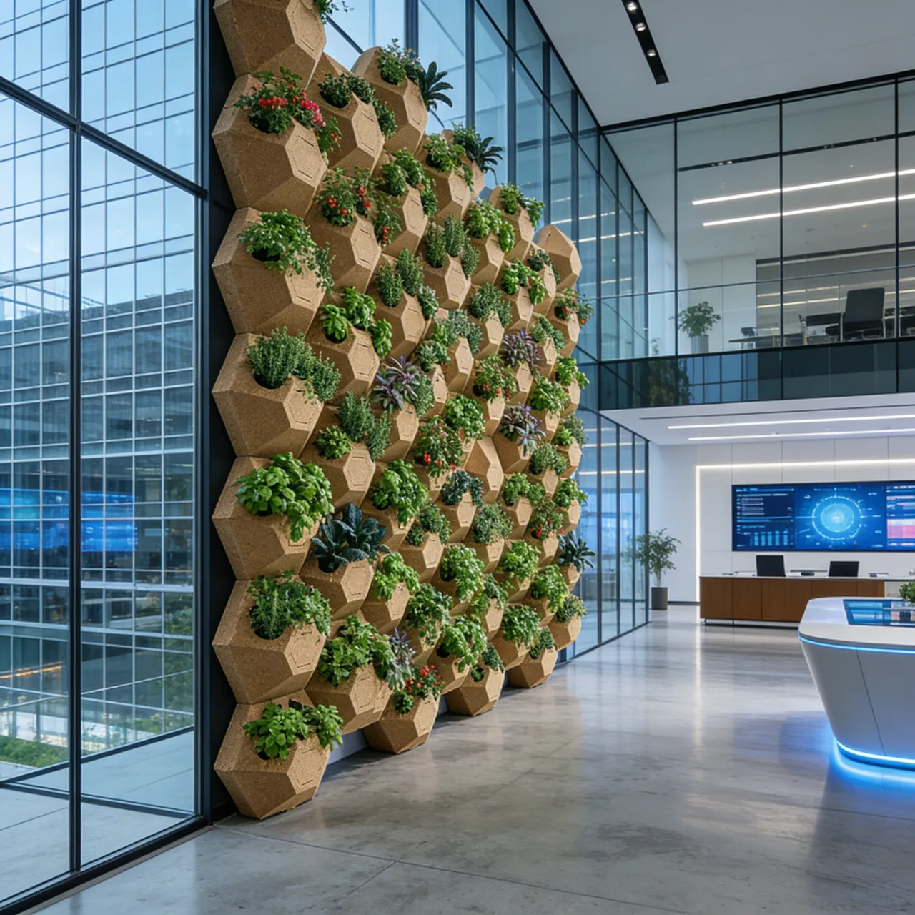 A towering Gardna living wall in a glass corporate lobby