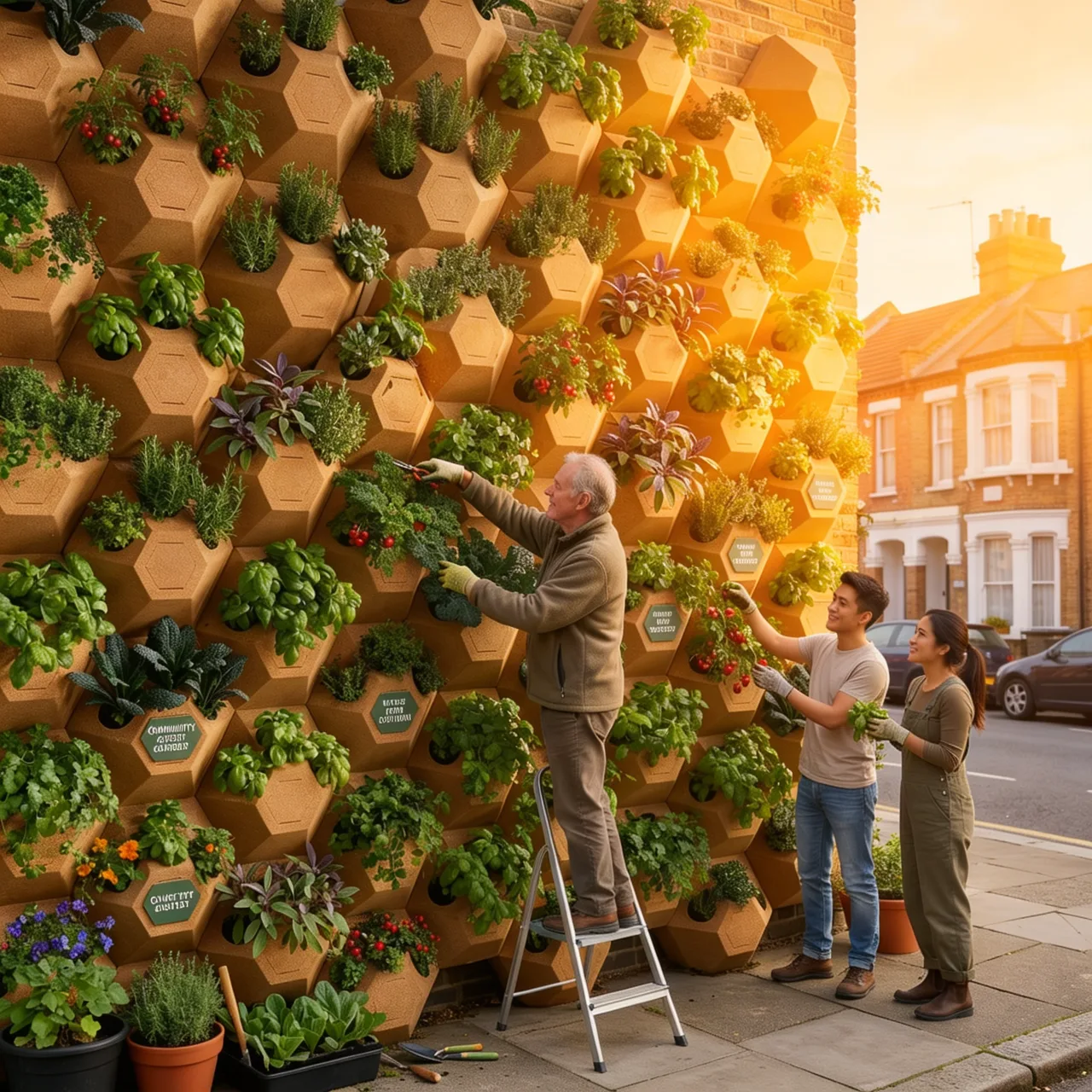 Neighbours tending a shared Gardna wall on a sunlit residential street