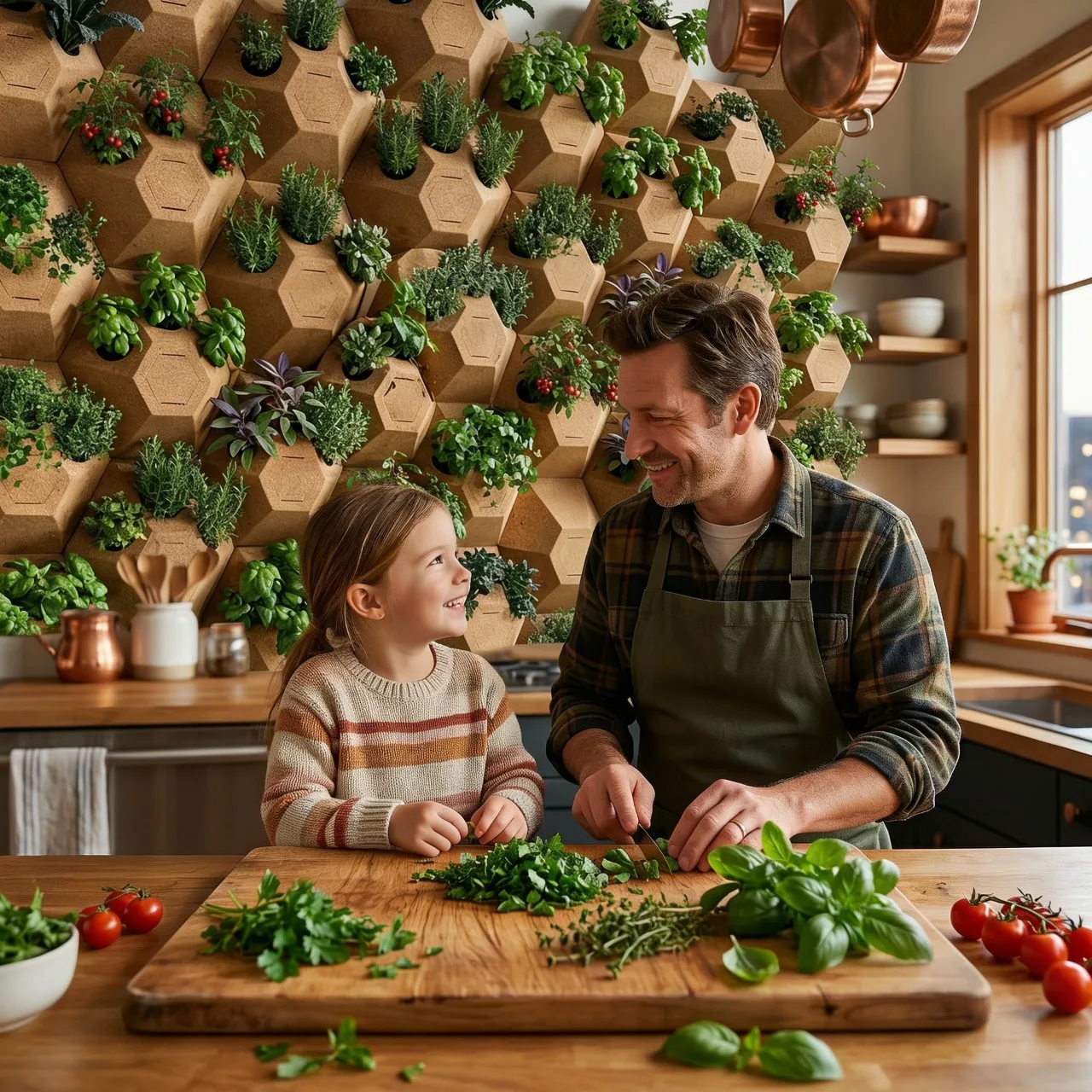 A parent and child preparing fresh herbs in a warm kitchen below a Gardna herb wall