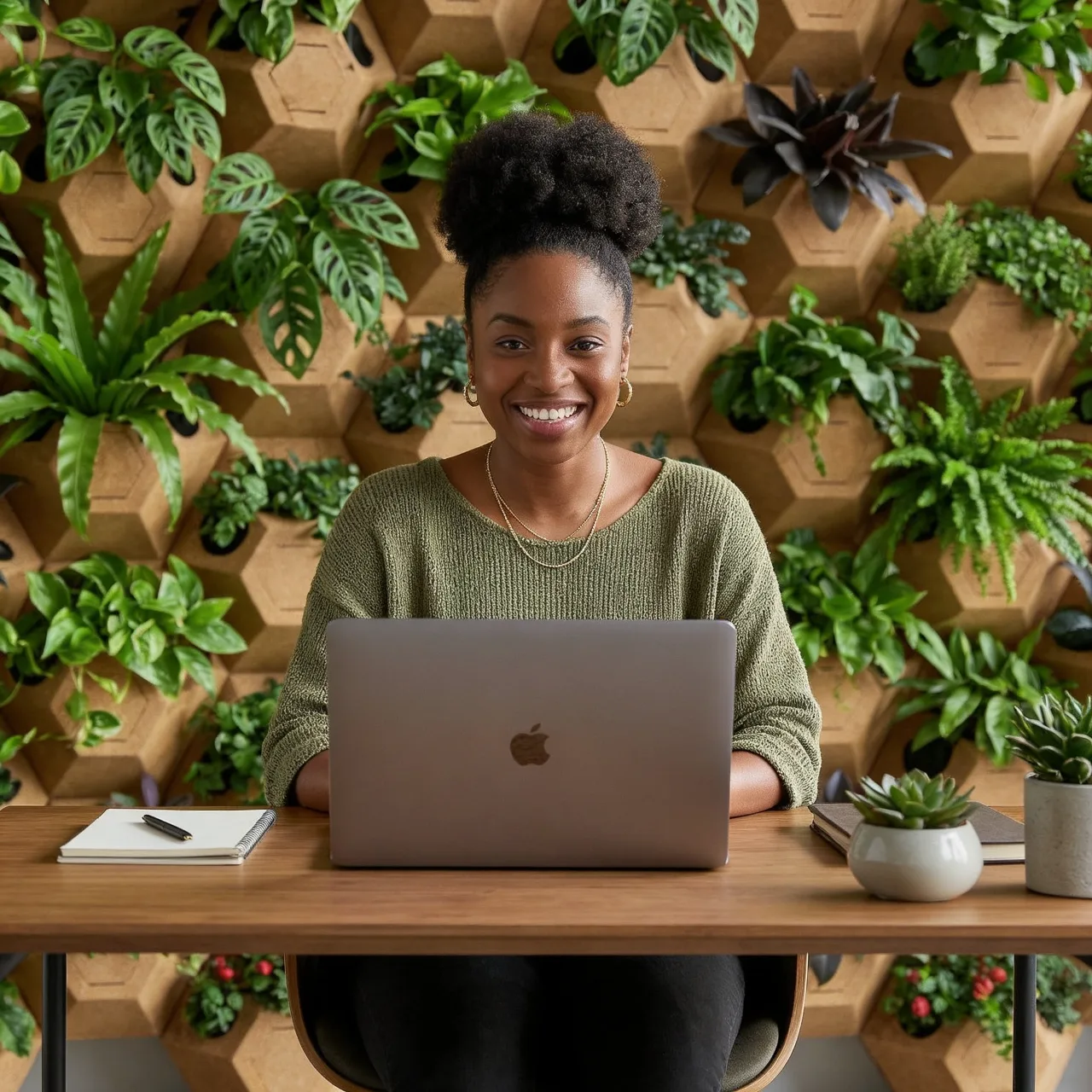 A person working at a laptop in front of a lush Gardna living wall